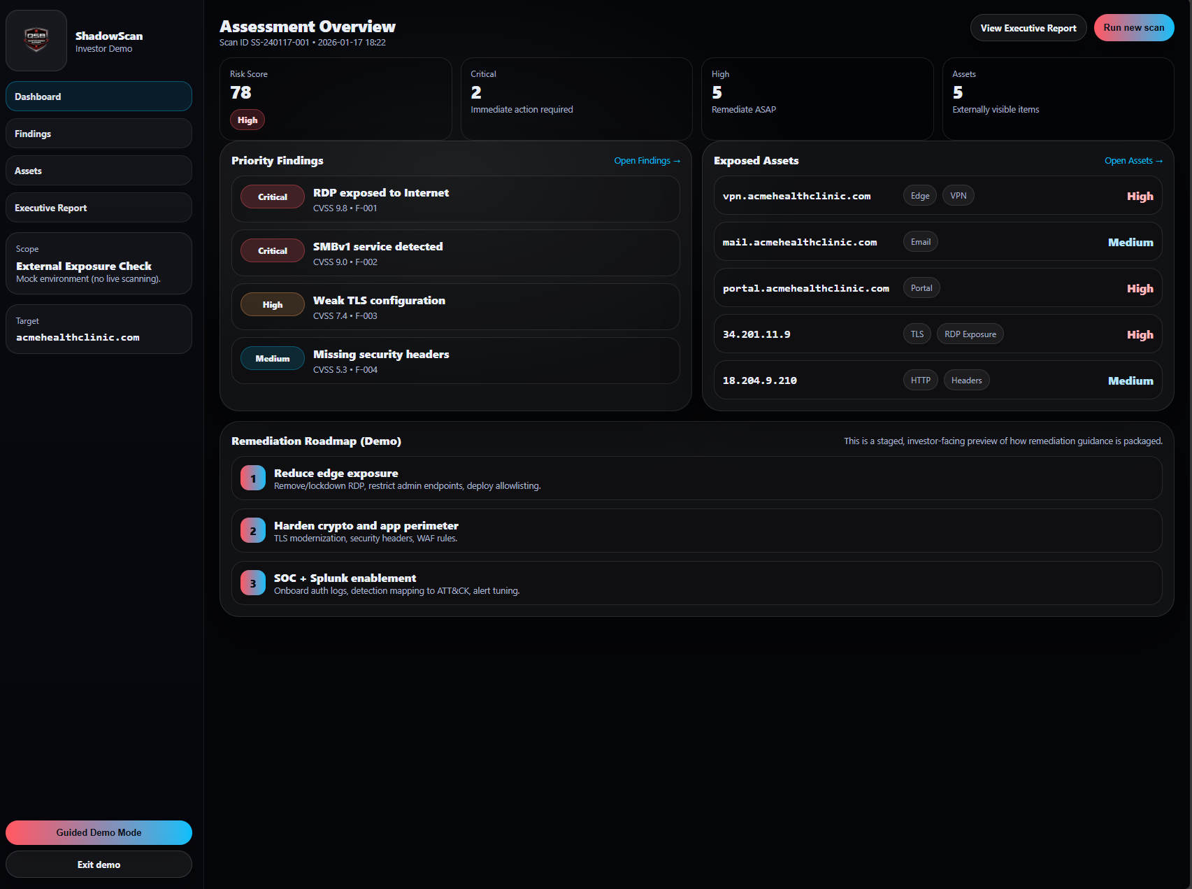 ShadowScan dashboard mockup